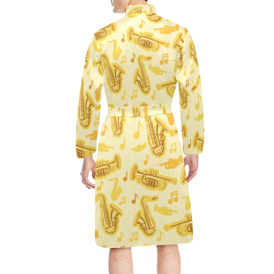 Saxophone cornet pattern yellow background Men's Long Sleeve Belted Night Robe
