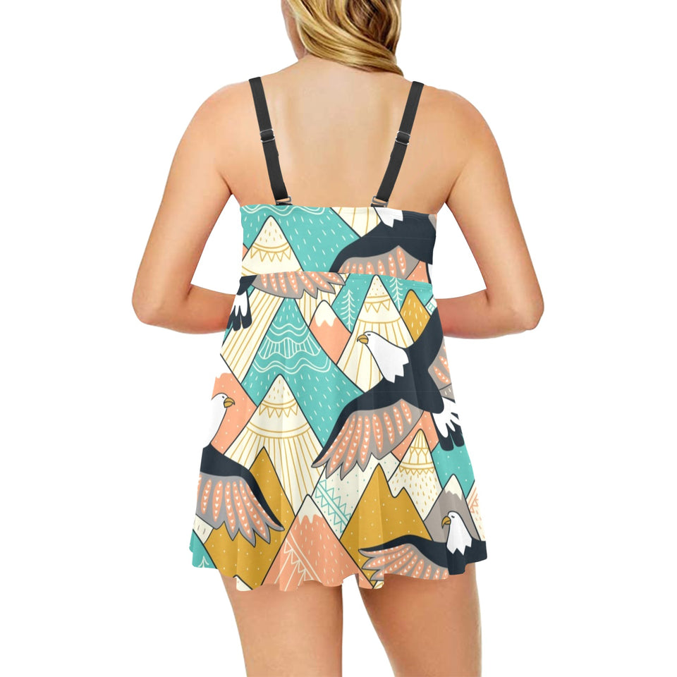 Eagle Pattern Print Design 02 Chest Sexy Pleated Two Piece Swim Dress