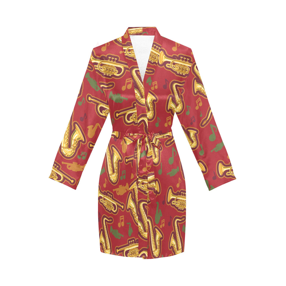 Saxophone cornet pattern red background Women's Long Sleeve Belted Night Robe