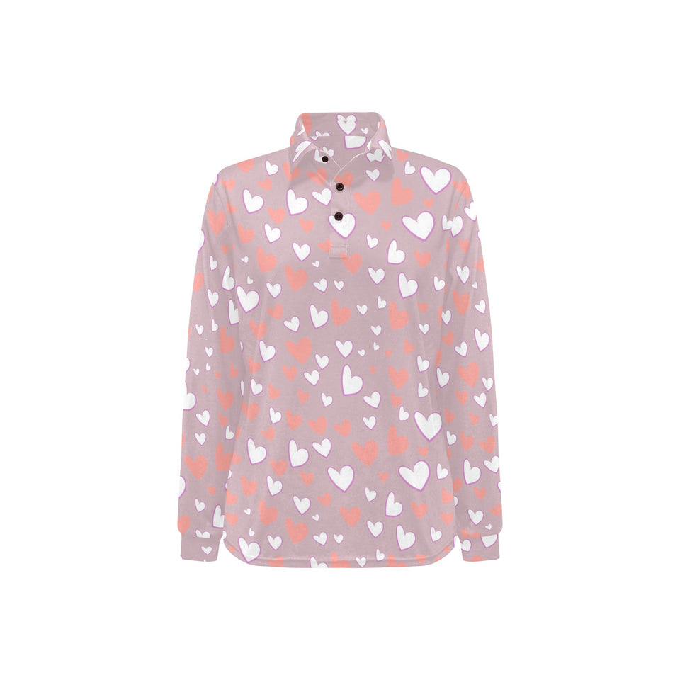 coral white heart pattern Women's Long Sleeve Polo Shirt