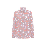 coral white heart pattern Women's Long Sleeve Polo Shirt