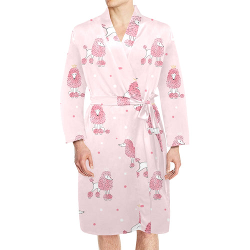 Poodle dog pink color theme Men's Long Sleeve Belted Night Robe