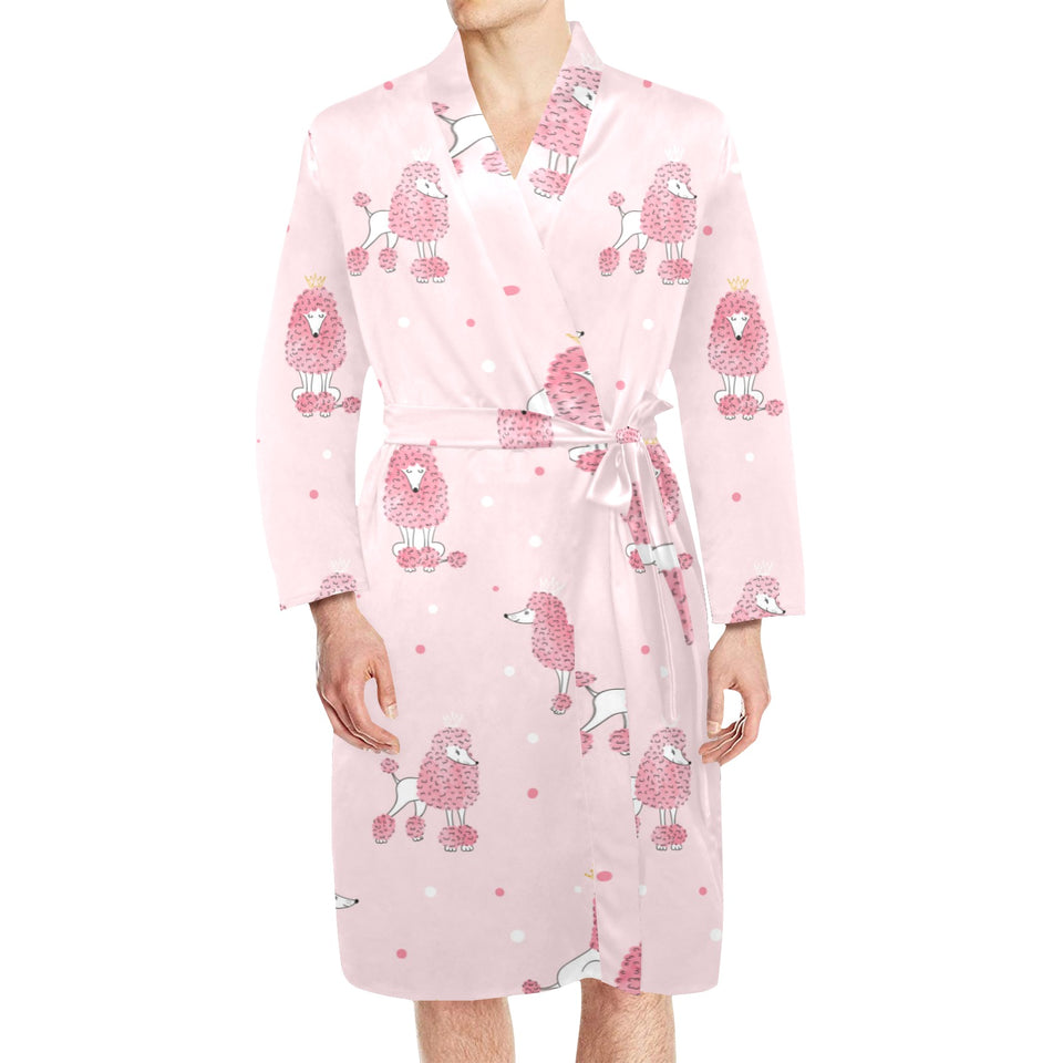Poodle dog pink color theme Men's Long Sleeve Belted Night Robe