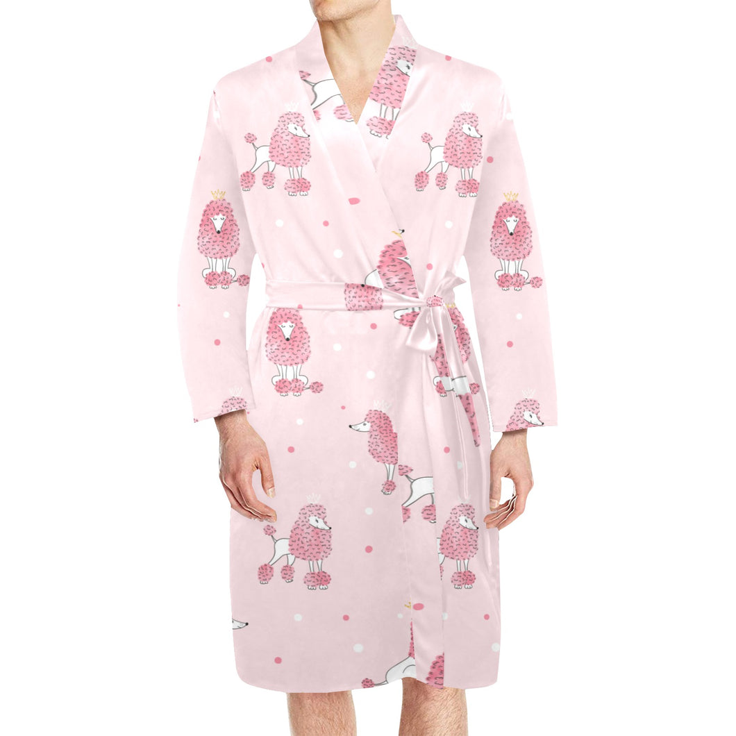 Poodle dog pink color theme Men's Long Sleeve Belted Night Robe