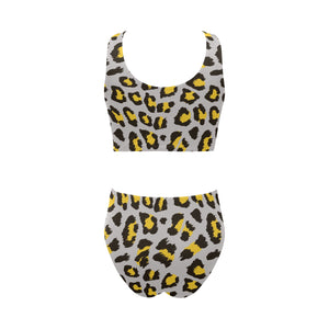 Gray Leopard print pattern Chest Bowknot High Waisted Bikini Swimsuit
