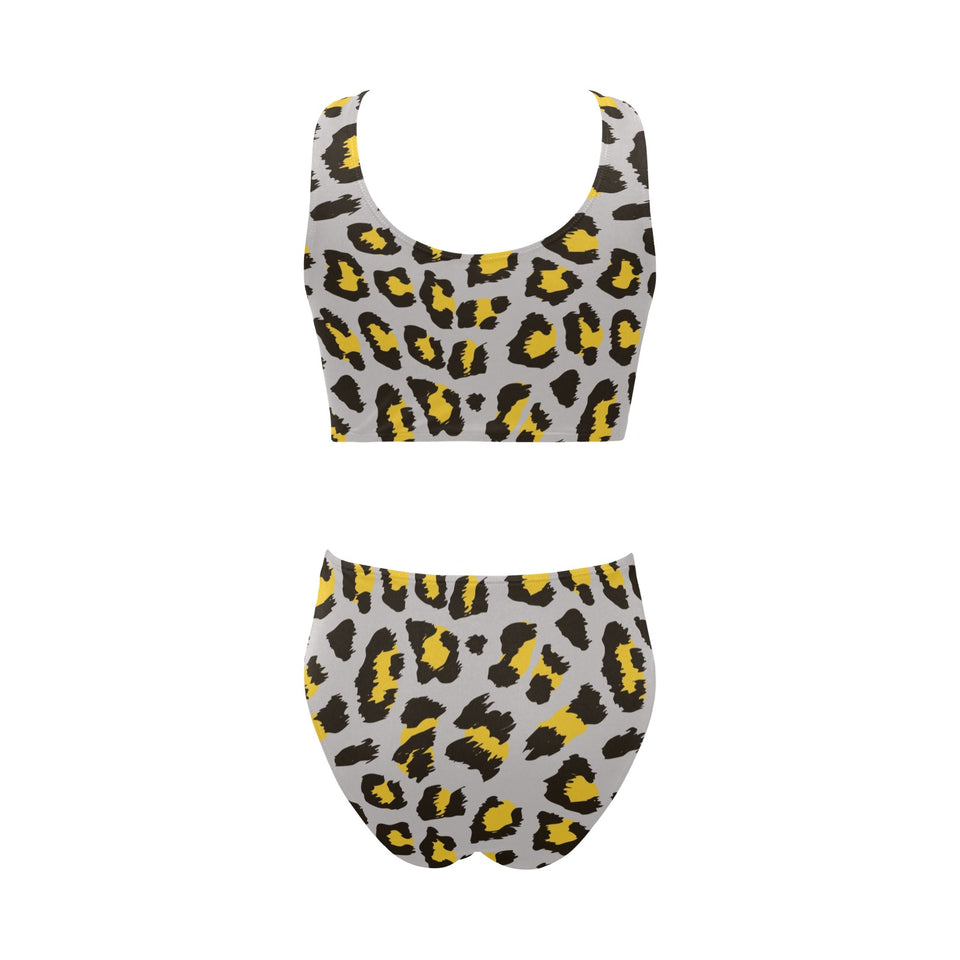 Gray Leopard print pattern Chest Bowknot High Waisted Bikini Swimsuit