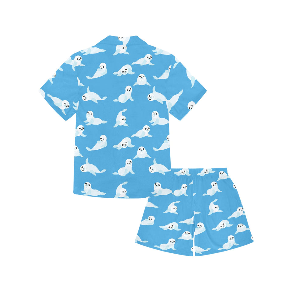 Cute sea lion seal pattern background Kids' Boys' Girls' V-Neck Short Pajama Set