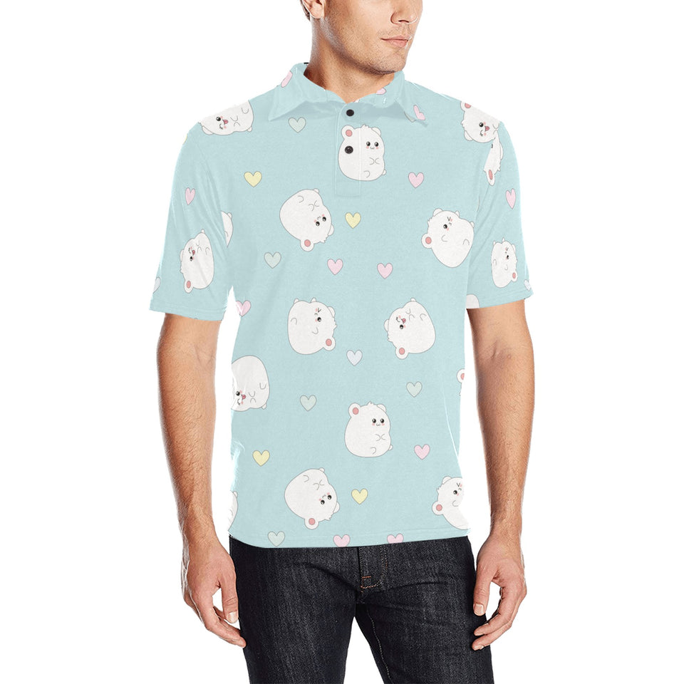 White cute hamsters heart pattern Men's All Over Print Polo Shirt