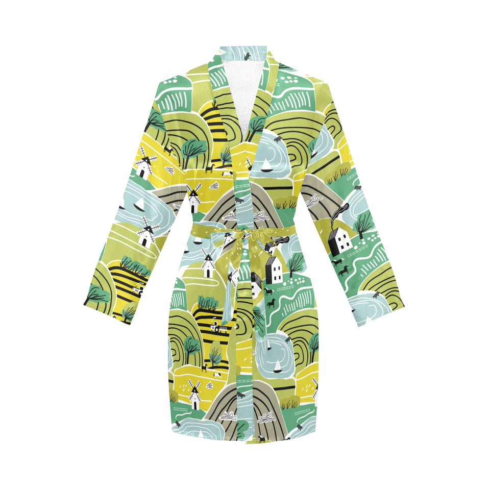 Hand drawn windmill pattern Women's Long Sleeve Belted Night Robe