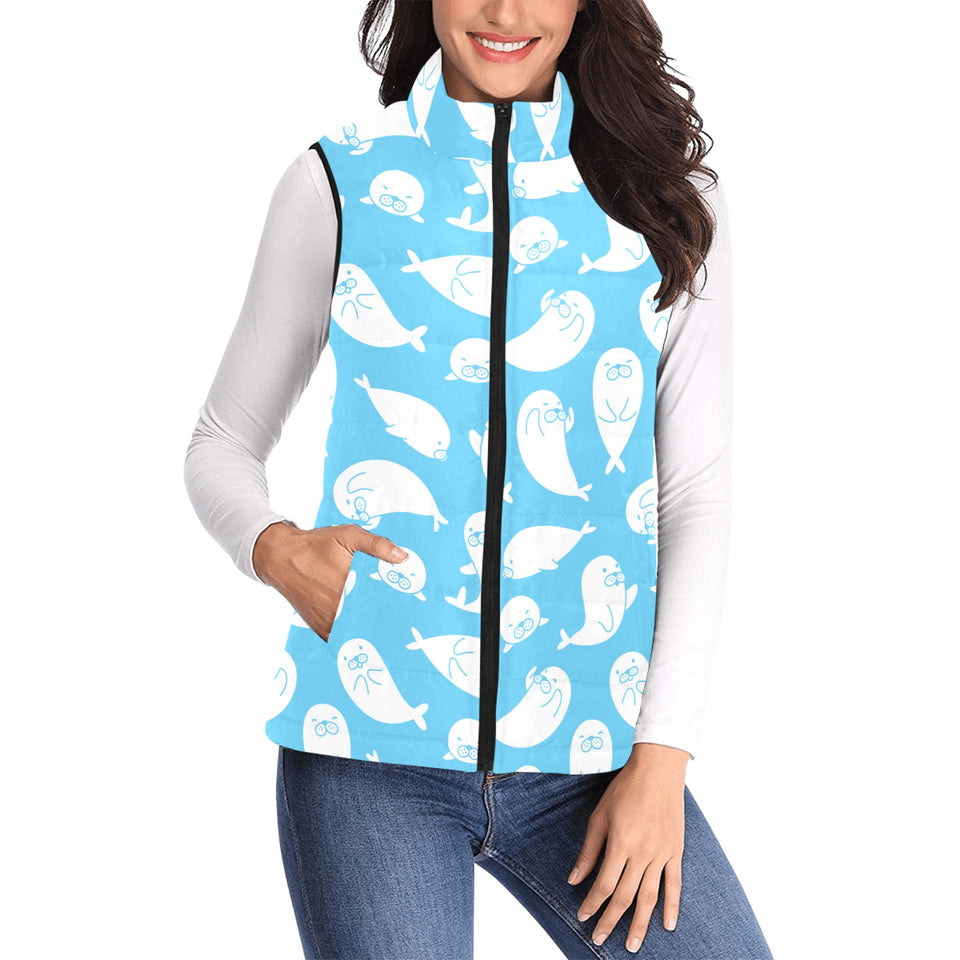 Cute white sea lion seals pattern Women's Padded Vest