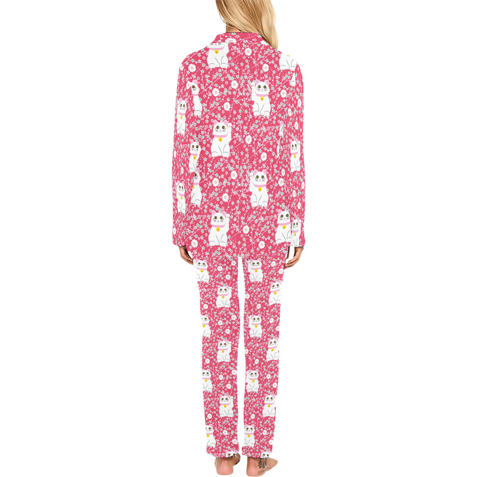 Maneki neko cat sakura pink background Women's Long Pajama Set