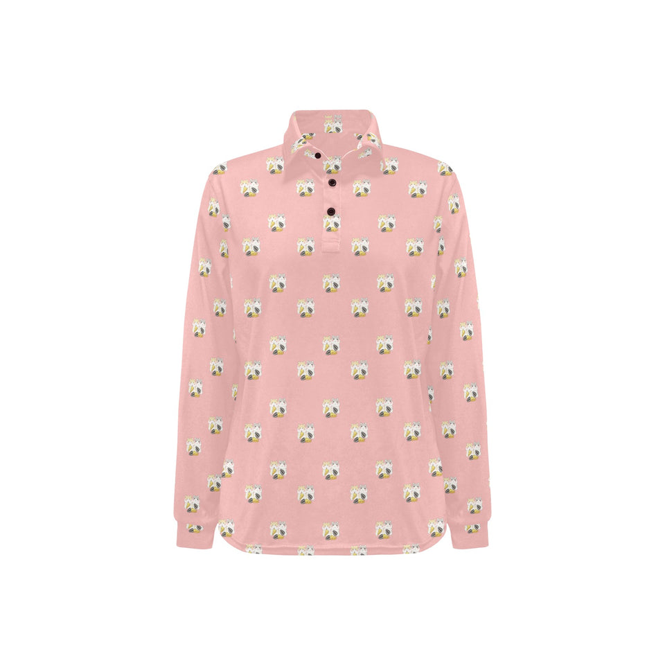 Cute hamster cheese pattern pink background Women's Long Sleeve Polo Shirt