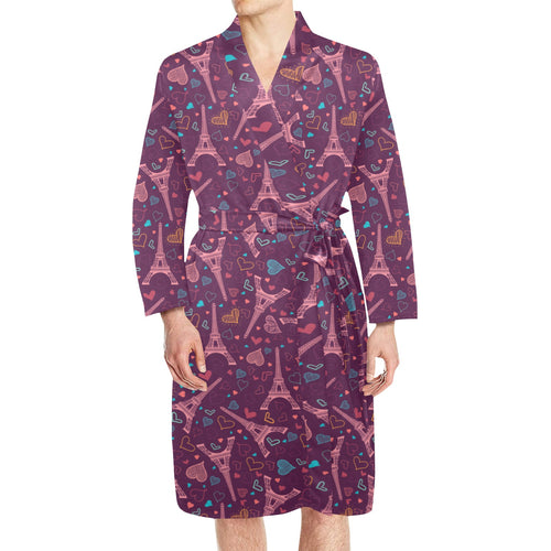 Eiffel Tower Heart Pattern Print Design 04 Men's Long Sleeve Belted Night Robe