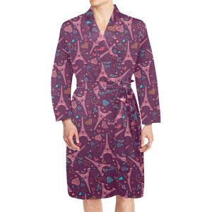 Eiffel Tower Heart Pattern Print Design 04 Men's Long Sleeve Belted Night Robe