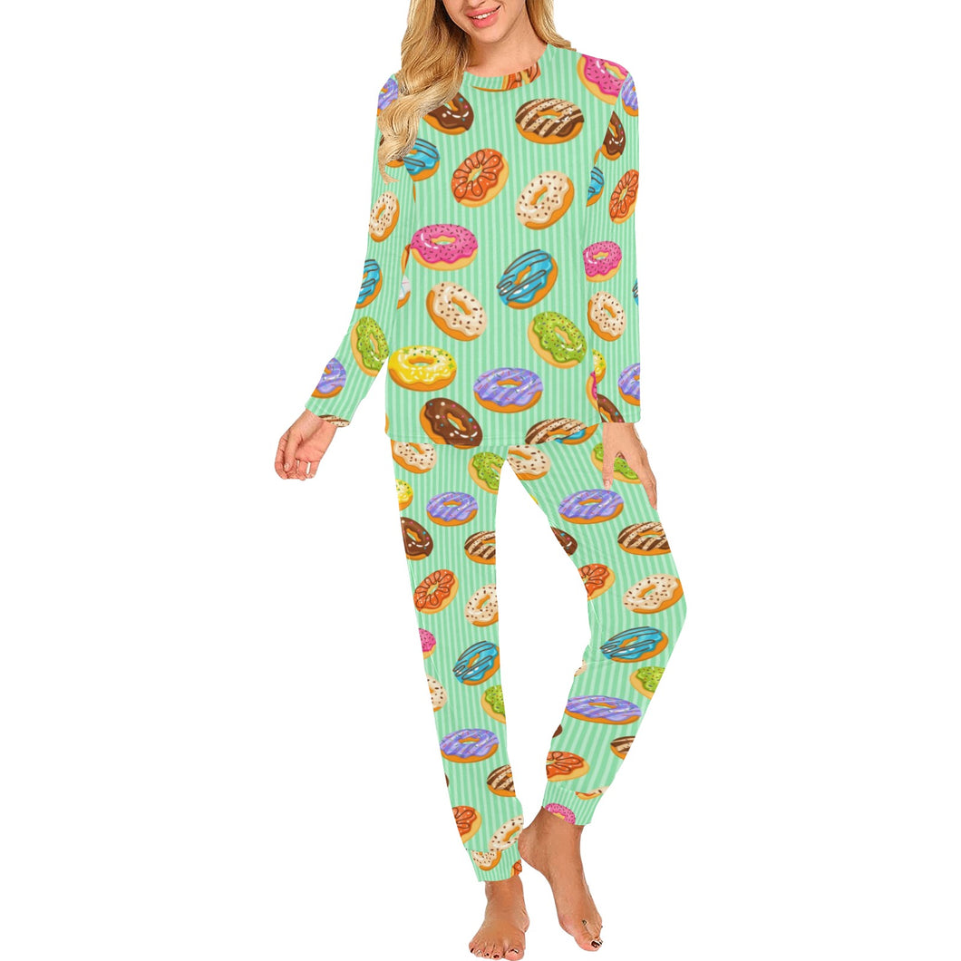 Colorful donut pattern green background Women's All Over Print Pajama Set