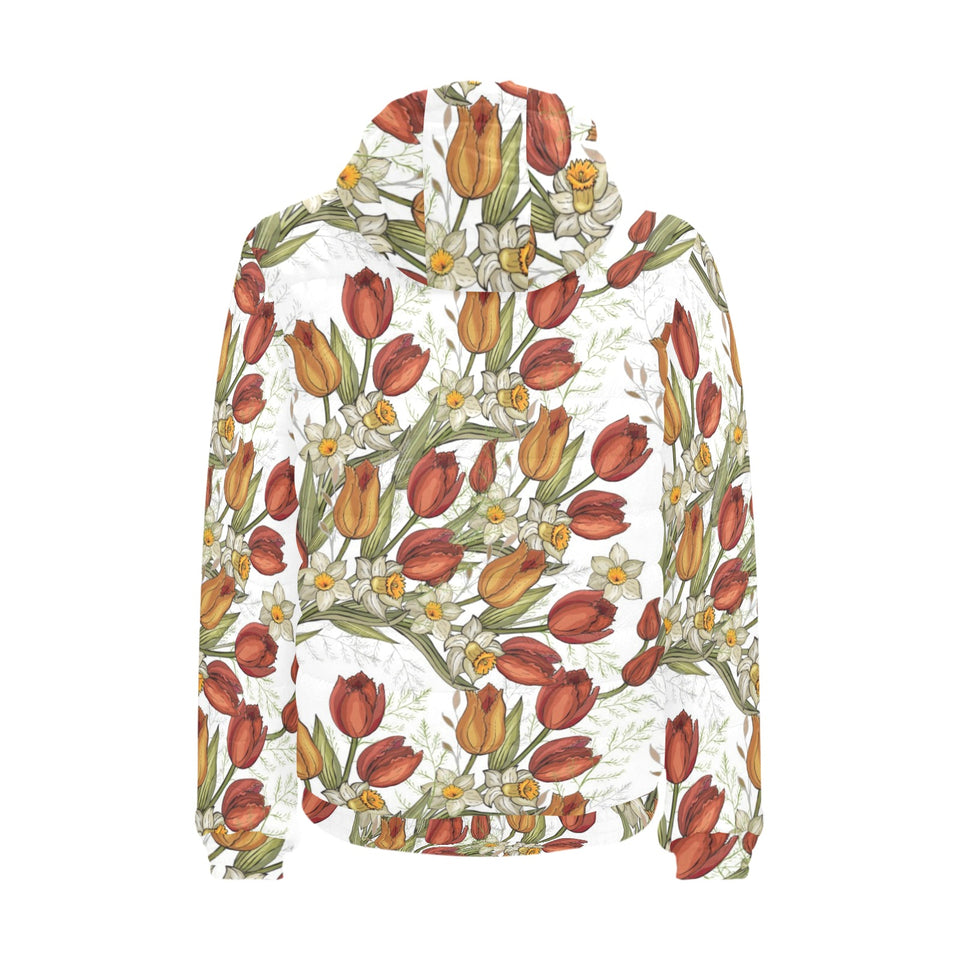 Red tulips and daffodils pattern Men's Padded Hooded Jacket