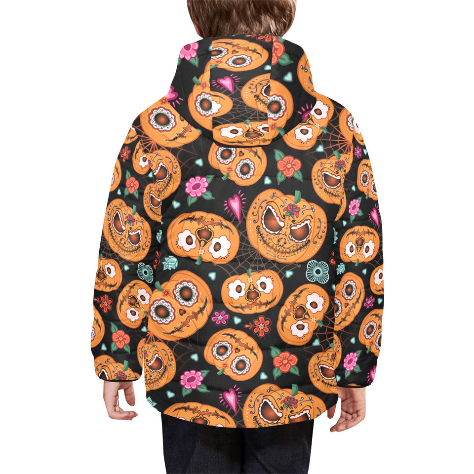 Pumpkin flowers spiderweb Halloween theme Kids' Boys' Girls' Padded Hooded Jacket