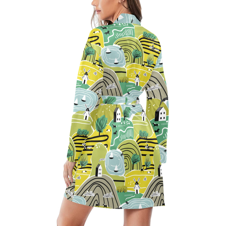 Hand drawn windmill pattern Women's Long Sleeve Belted Night Robe
