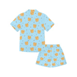 Brown cute pomeranian blue blackground Kids' Boys' Girls' V-Neck Short Pajama Set