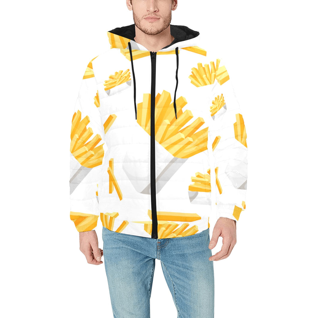 French fries white paper box pattern Men's Padded Hooded Jacket