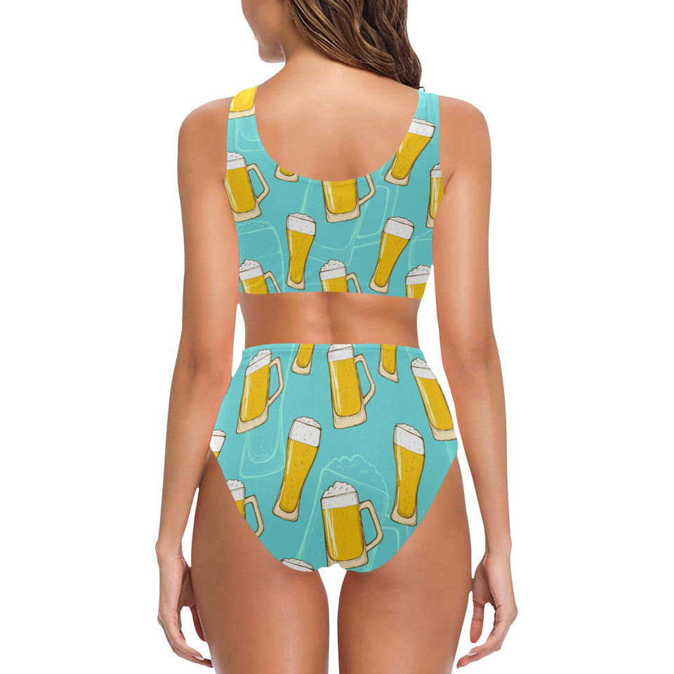 Beer pattern green background Chest Bowknot High Waisted Bikini Swimsuit