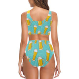 Beer pattern green background Chest Bowknot High Waisted Bikini Swimsuit