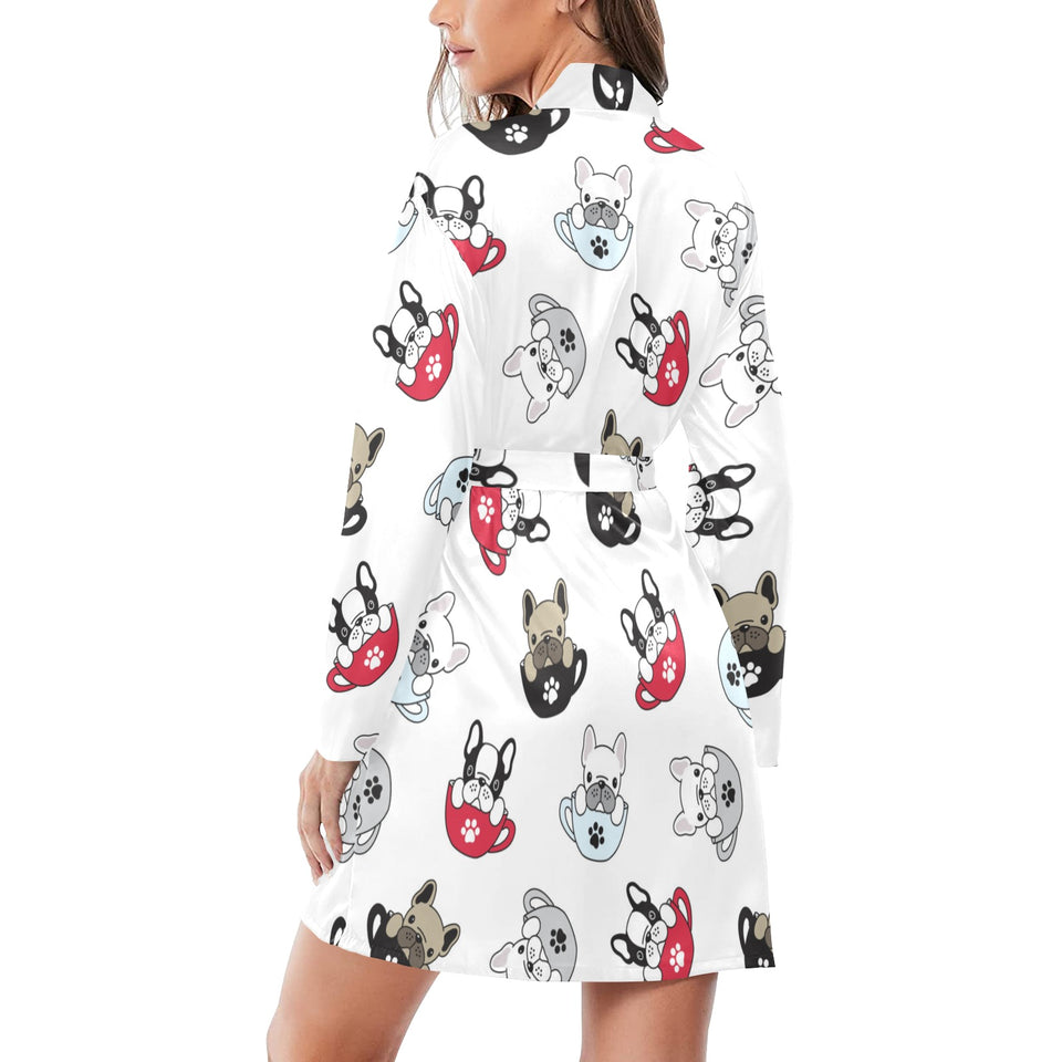 French bulldog cup paw pattern Women's Long Sleeve Belted Night Robe