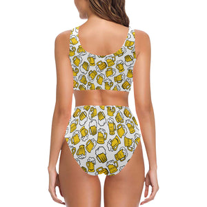 Beer design pattern Chest Bowknot High Waisted Bikini Swimsuit