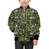 Cute sloths tropical palm leaves black background Kids' Boys' Girls' Bomber Jacket