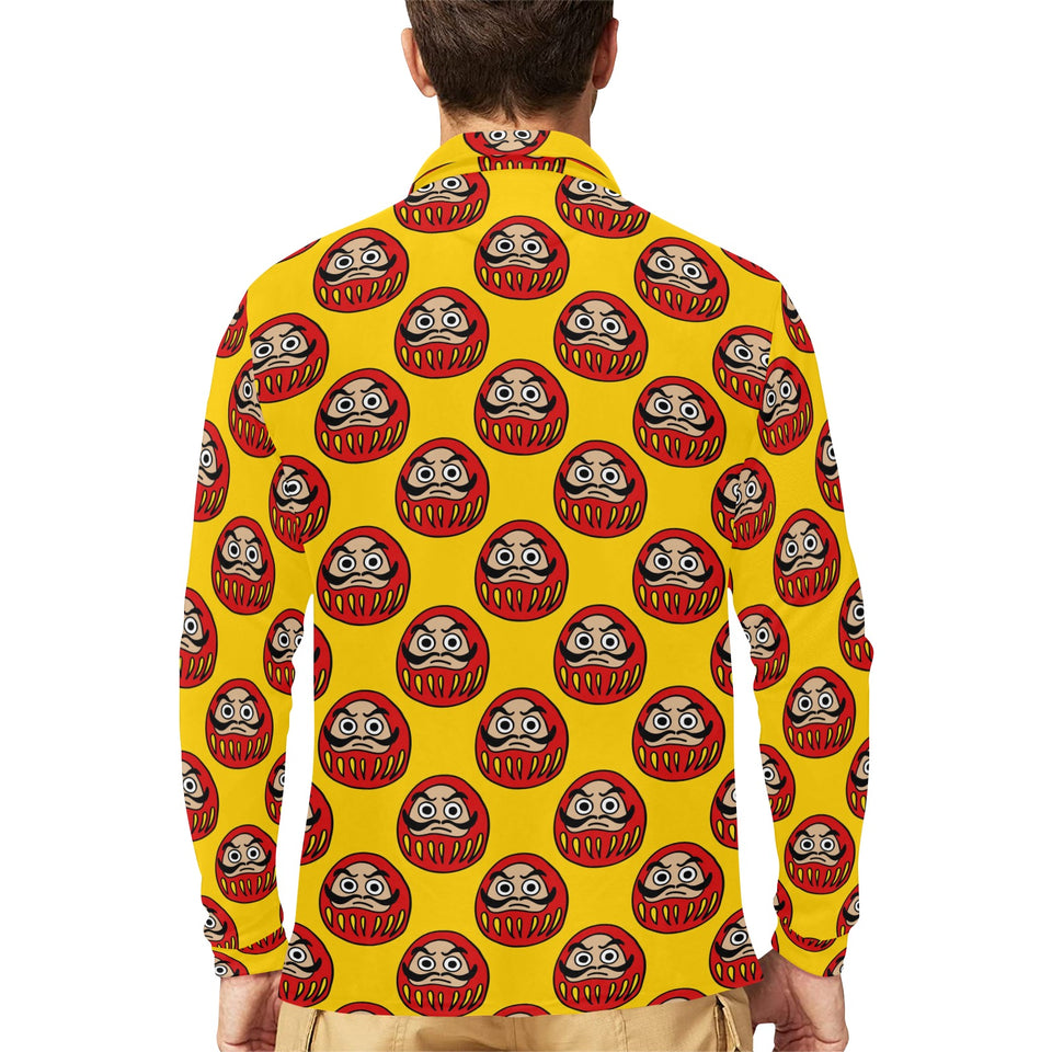 Daruma japanese wooden doll yellow background Men's Long Sleeve Polo Shirt