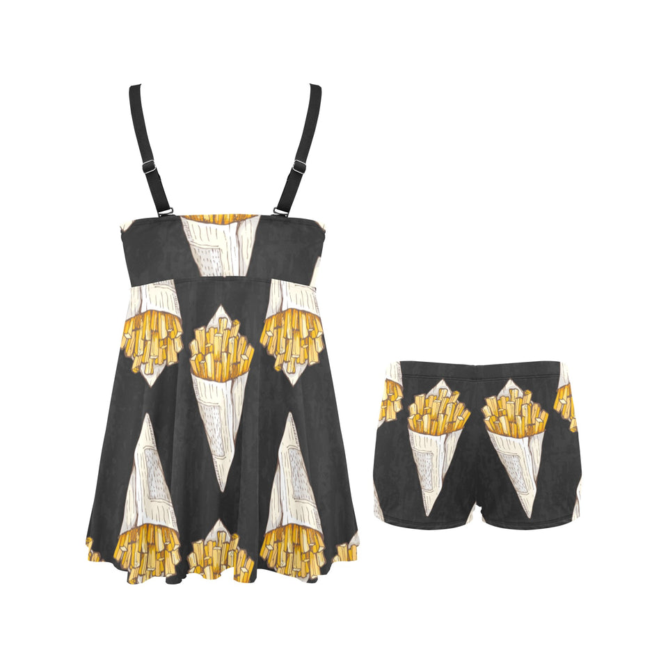 French fries dark background Chest Sexy Pleated Two Piece Swim Dress