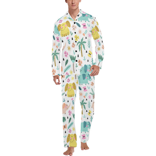 Cute elephants palm tree flower butterfly pattern Men's Long Pajama Set