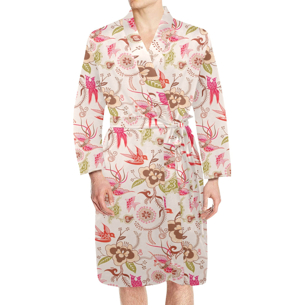Swallow Pattern Print Design 01 Men's Long Sleeve Belted Night Robe