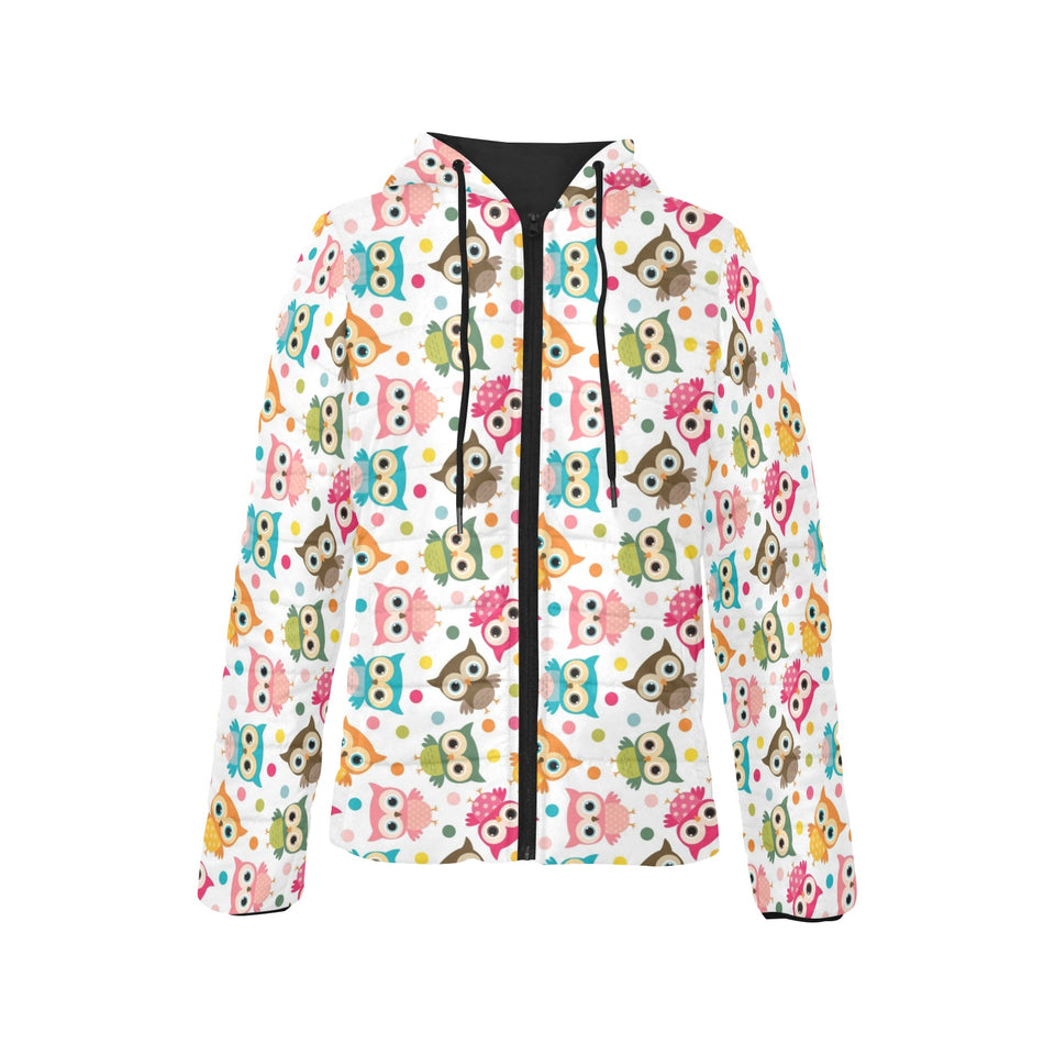 Color cute owl pattern Women's Padded Hooded Jacket