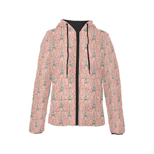Eiffel Tower Flower Pattern Design 03 Women's Padded Hooded Jacket