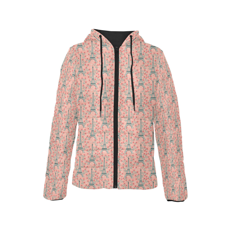 Eiffel Tower Flower Pattern Design 03 Women's Padded Hooded Jacket