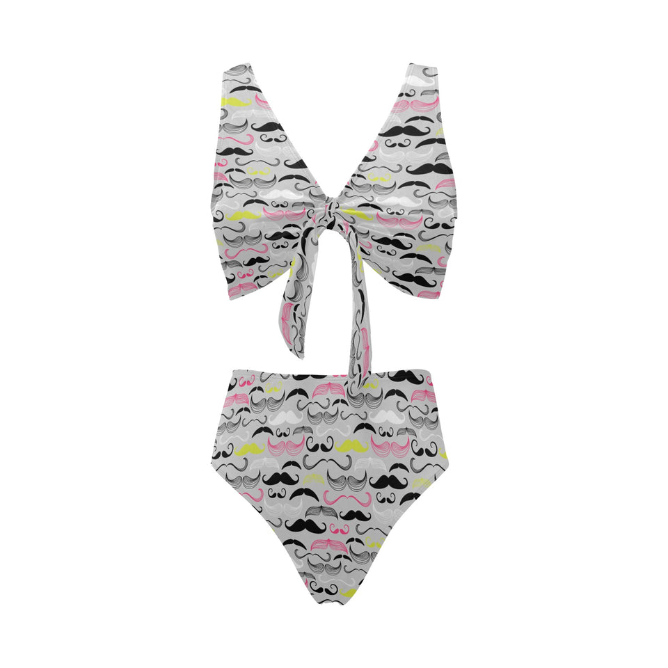 Mustache Beard Pattern Print Design 02 Chest Bowknot High Waisted Bikini Swimsuit