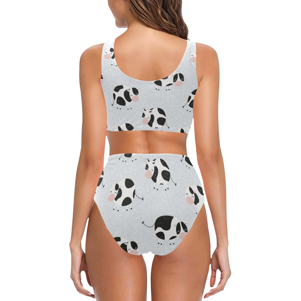 Cute cows pattern Chest Bowknot High Waisted Bikini Swimsuit