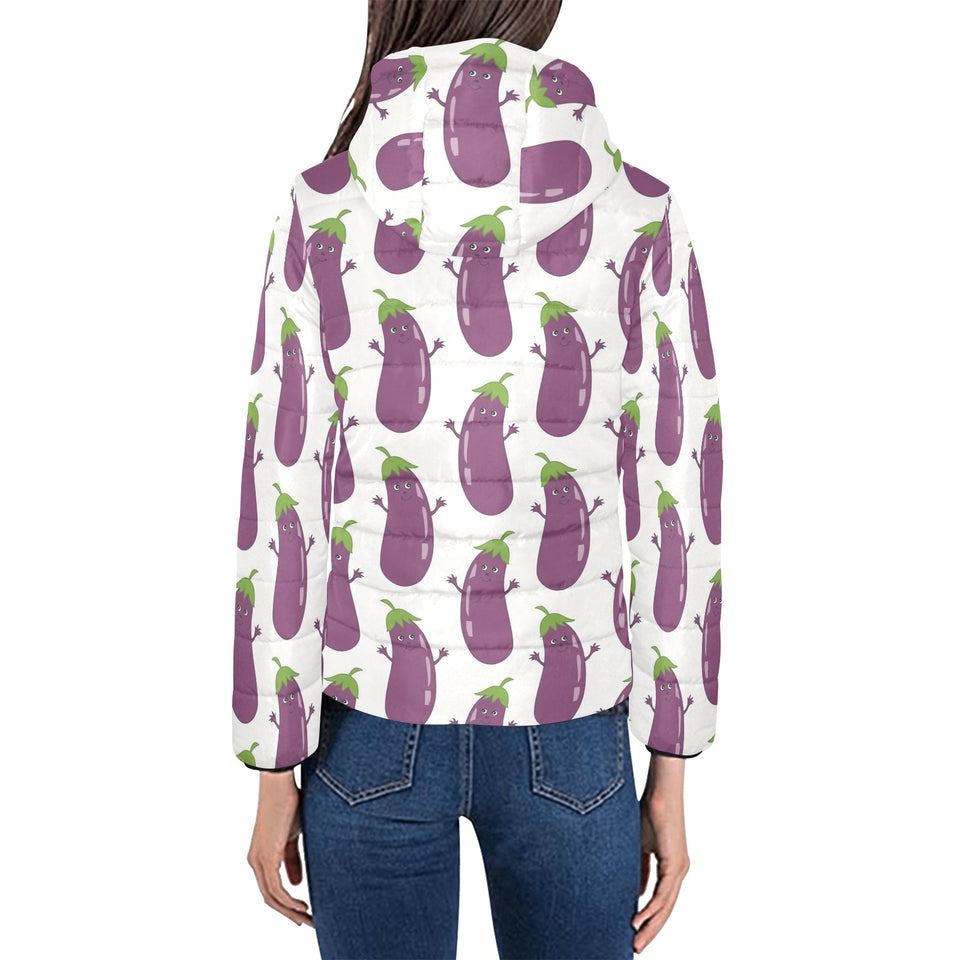 Eggplant Pattern Print Design 01 Women's Padded Hooded Jacket