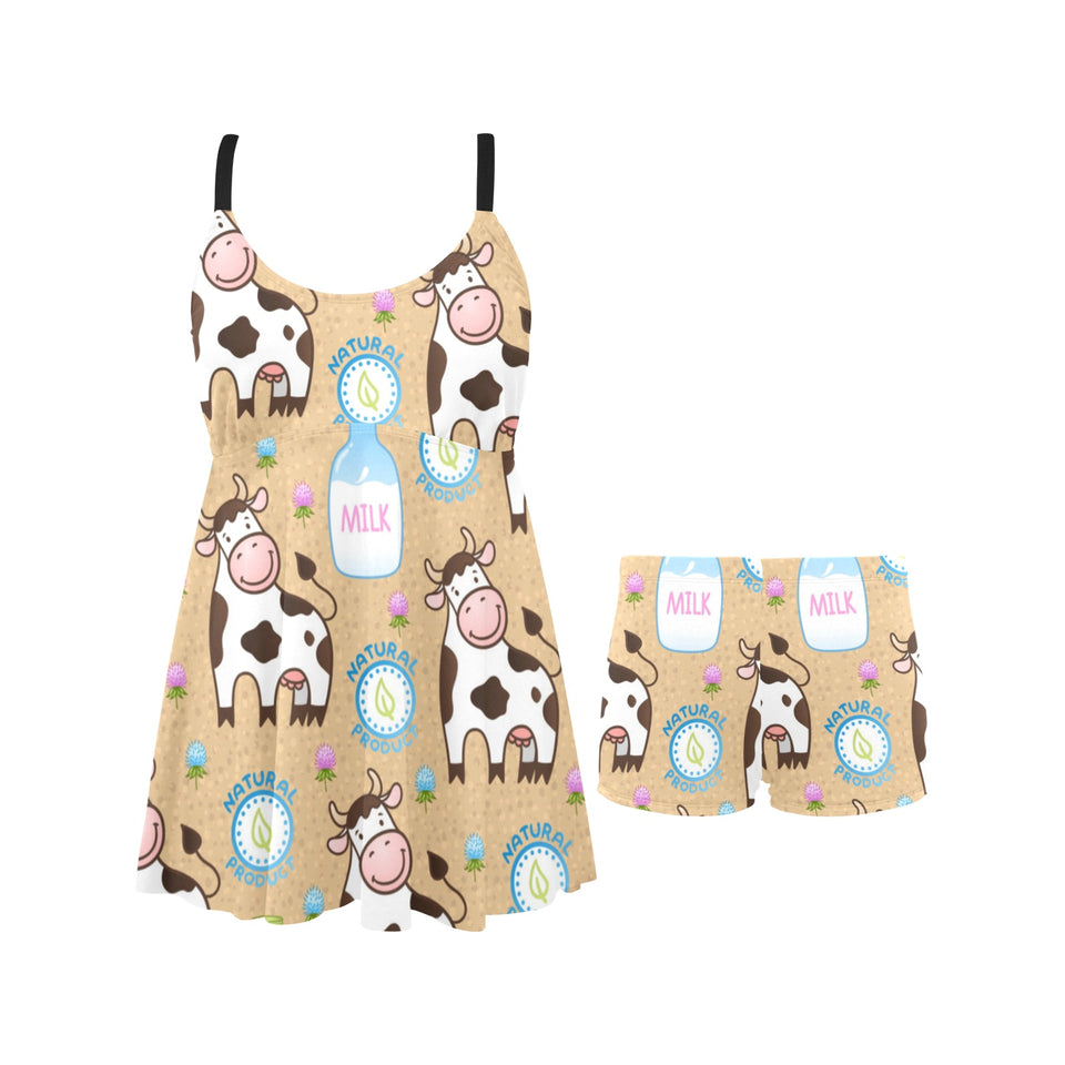 Cow bottle of milk pattern Chest Sexy Pleated Two Piece Swim Dress