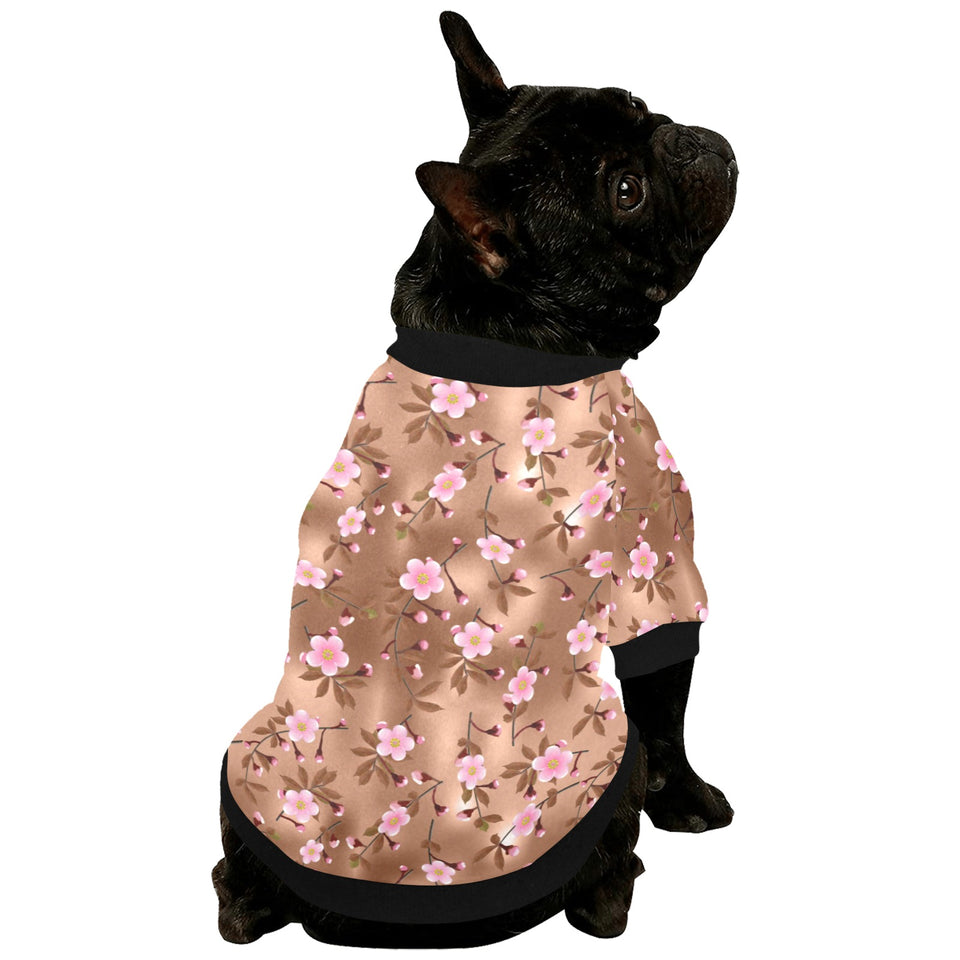 Pink sakura cherry blossom drak brown background All Over Print Pet Dog Round Neck Fuzzy Shirt