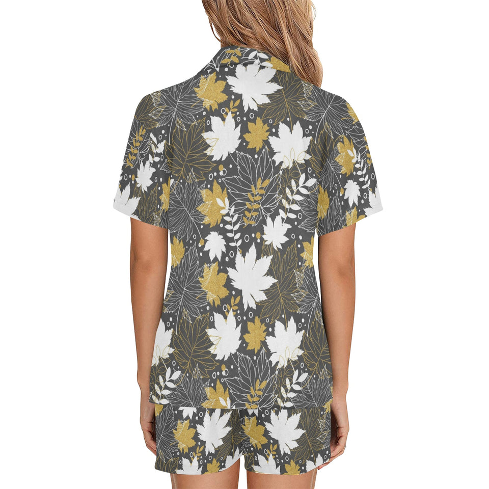Beautiful gold autumn maple leaf pattern Women's V-Neck Short Pajama Set