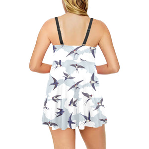 Swallow Pattern Print Design 05 Chest Sexy Pleated Two Piece Swim Dress