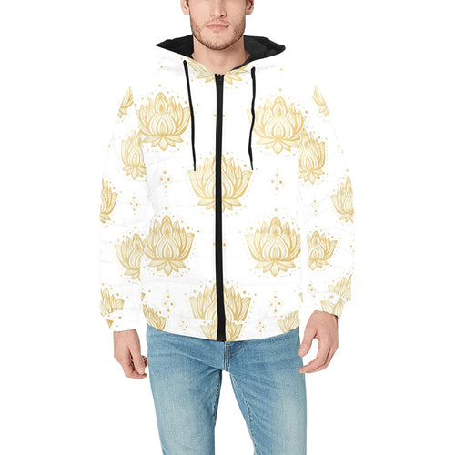Gold Ornamental lotue waterlily symbol pattern Men's Padded Hooded Jacket