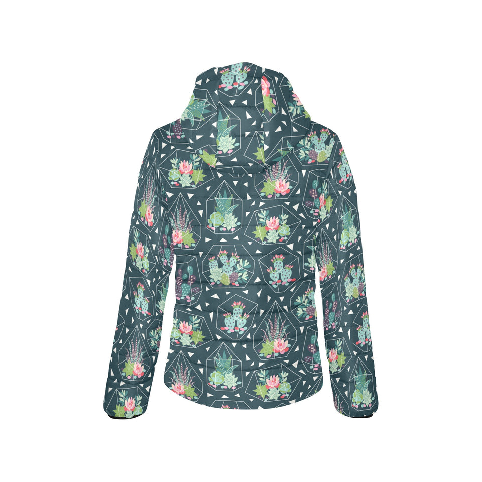Cactus glass terrarium pattern Women's Padded Hooded Jacket