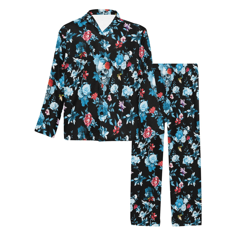 Skull flower roses leave pattern Men's Long Pajama Set