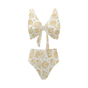 hand drawn onion pattern Chest Bowknot High Waisted Bikini Swimsuit