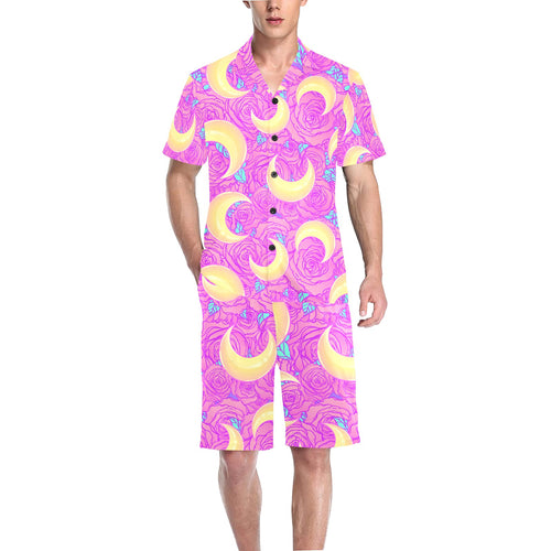 Moon pink rose background Men's V-Neck Short Pajama Set