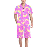Moon pink rose background Men's V-Neck Short Pajama Set