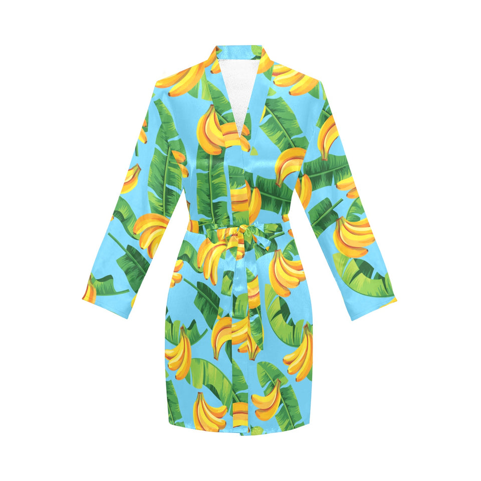 banana leaves banana design pattern Women's Long Sleeve Belted Night Robe